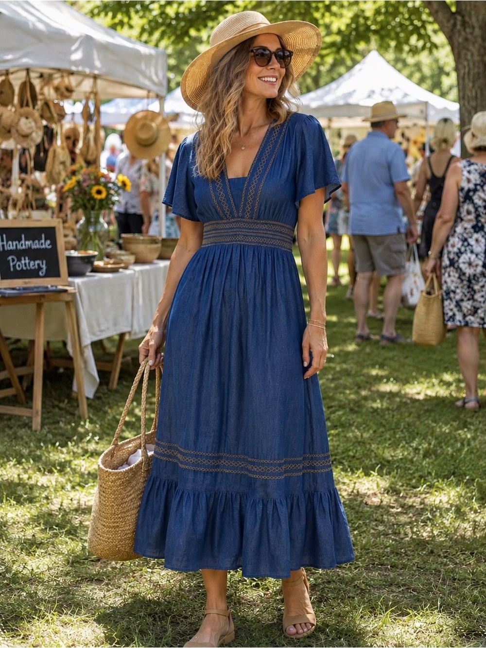 Boho Embroidered Denim Smocked Midi Dress M Blue Cottagecore Prairie Festival NT